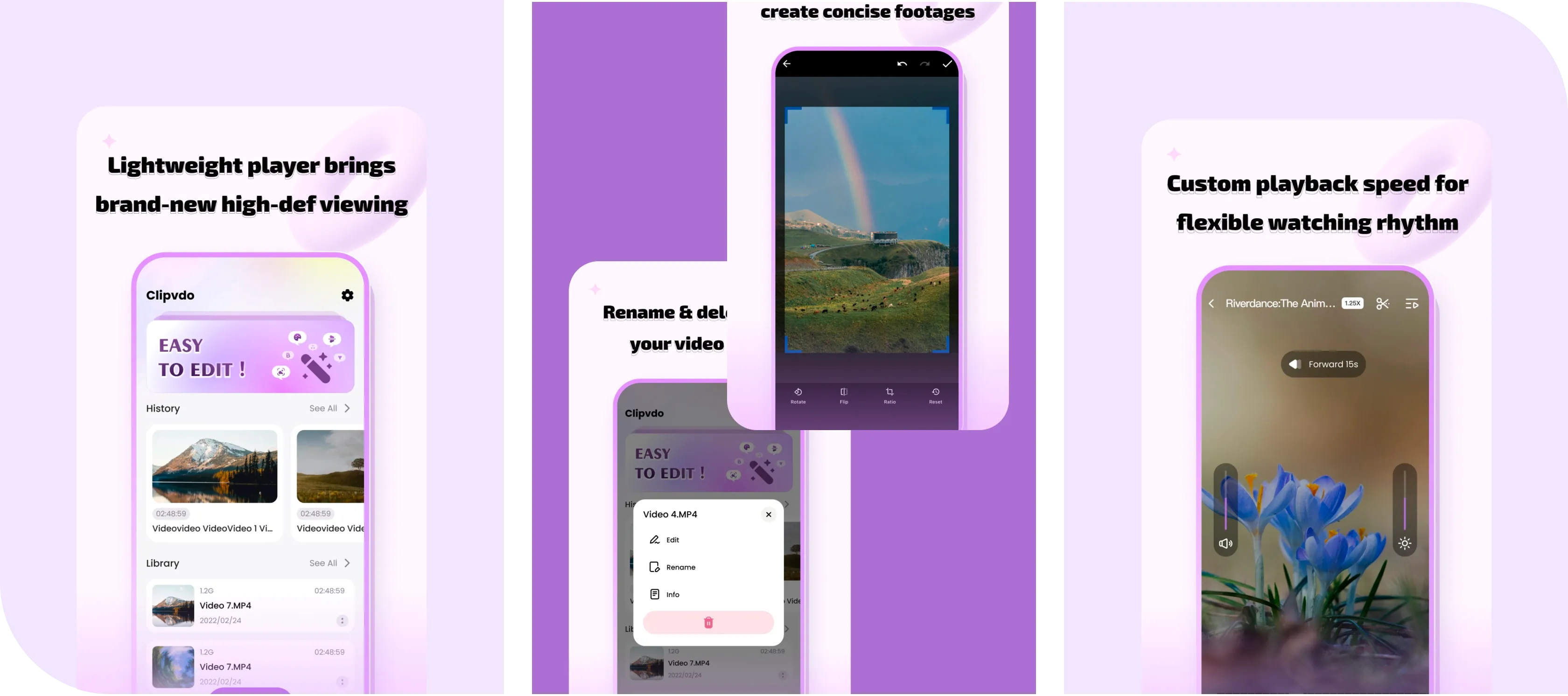 Clipvdo video library, editing controls, and custom playback speed